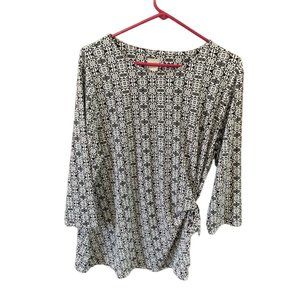 Chicos Womens Size 3 XL New Tunic Top Shirt Tie Wrap Side Black WHite Print 3/4